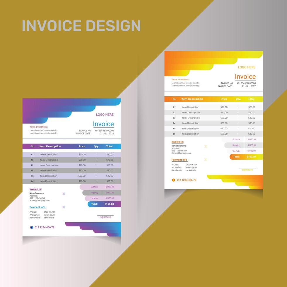 Every Business invoice, receipt, bills or Price sheet Design vector