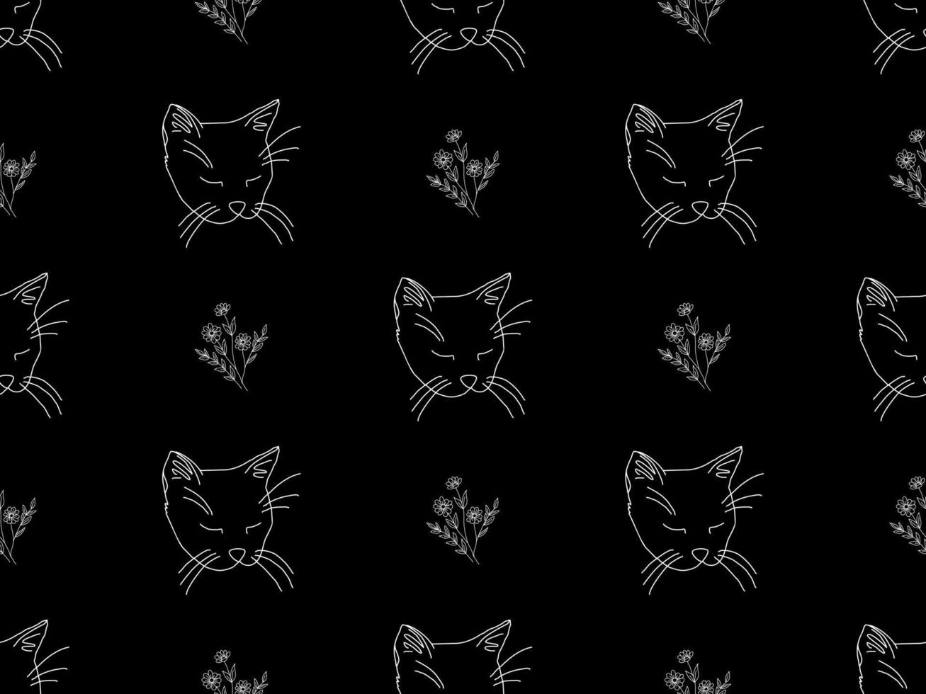 Cat cartoon character seamless pattern on black background vector