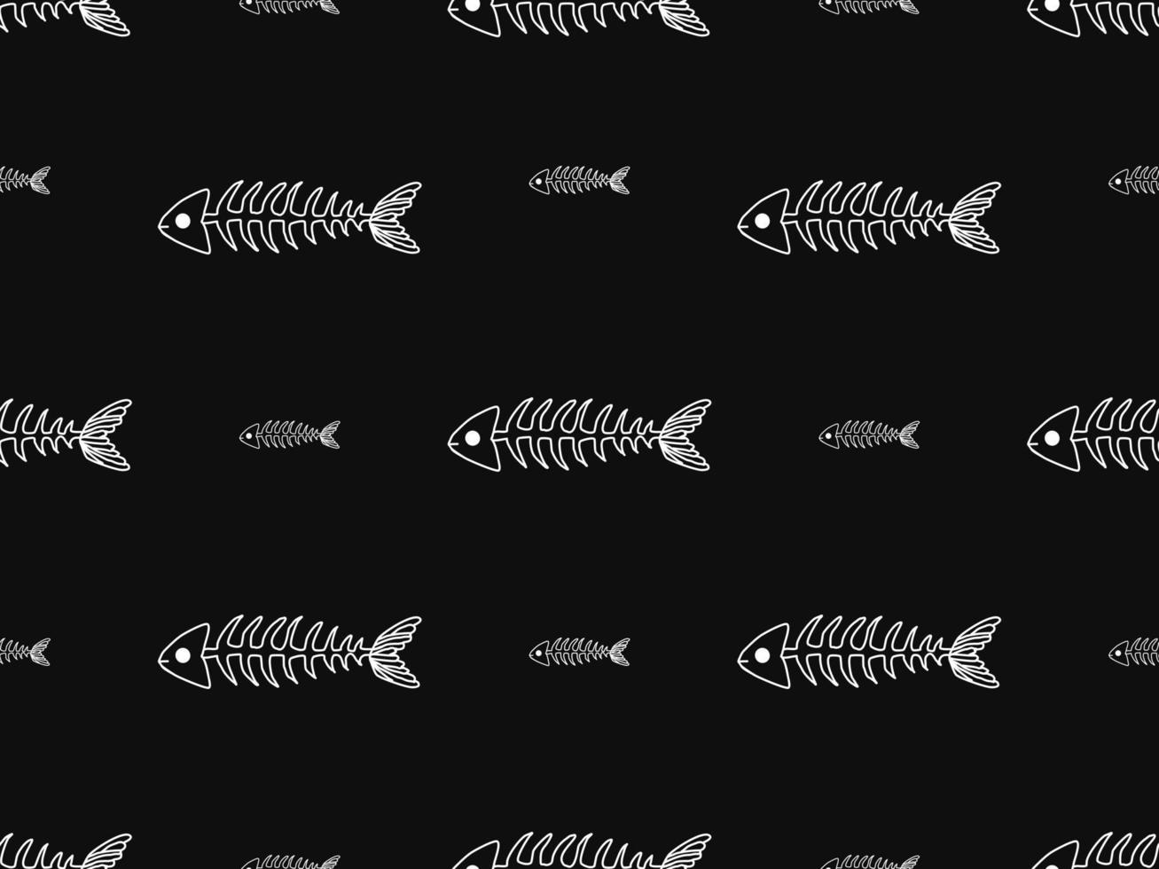 Fishbone cartoon character seamless pattern on black background vector