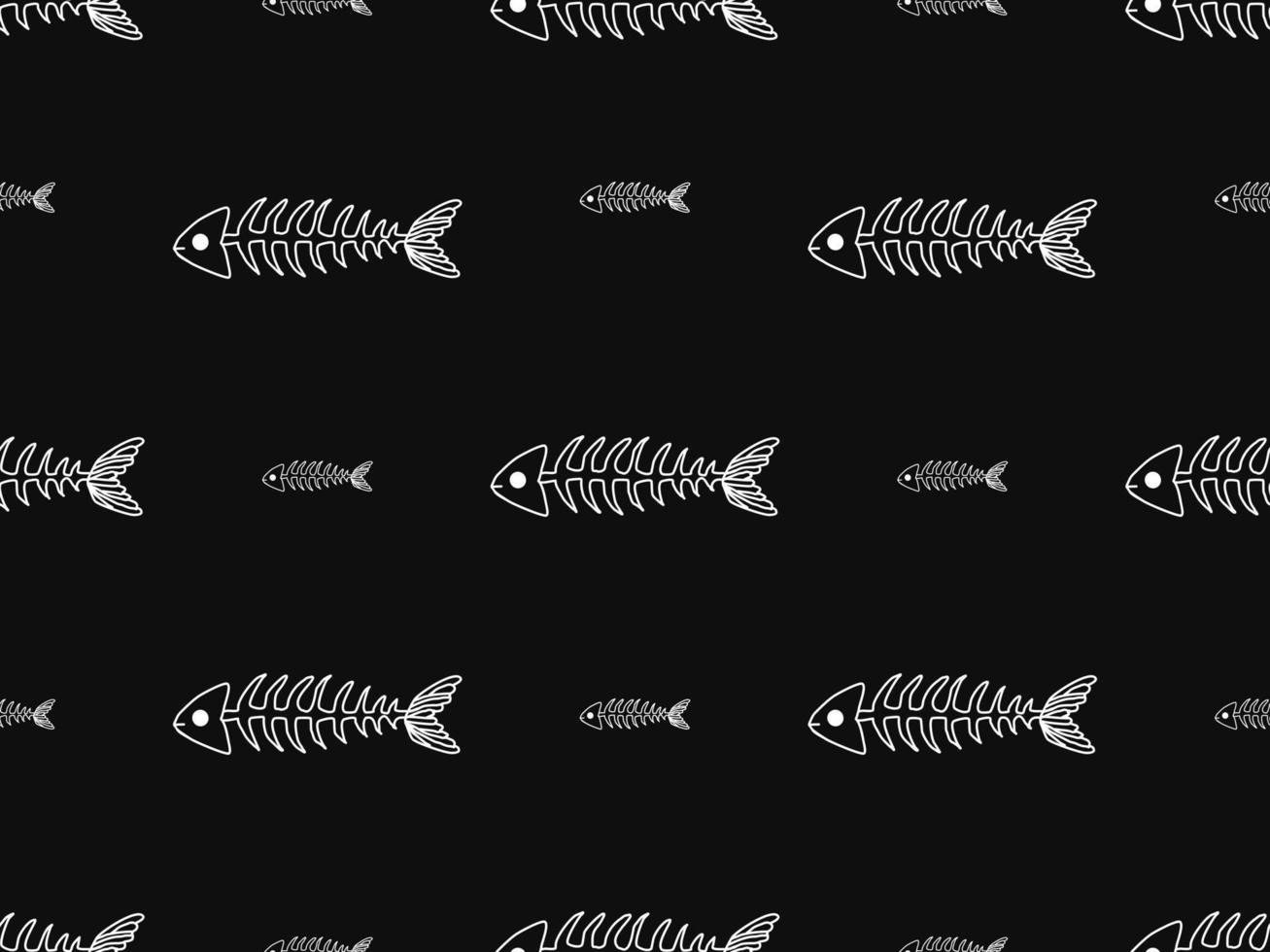 Fishbone cartoon character seamless pattern on black background vector