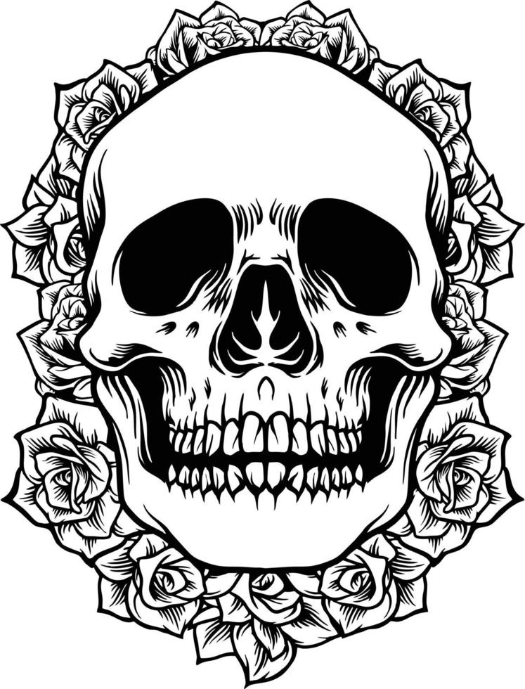 Skull Head with Rose Background Silhouette vector