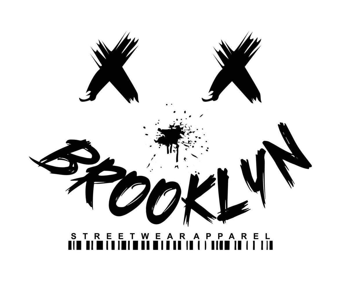 eslogan de graffiti de brooklyn rociado urbano impreso con cara sonriente. patrón vectorial gráfico hipster para el diseño de impresión de camisetas y camisetas. vector