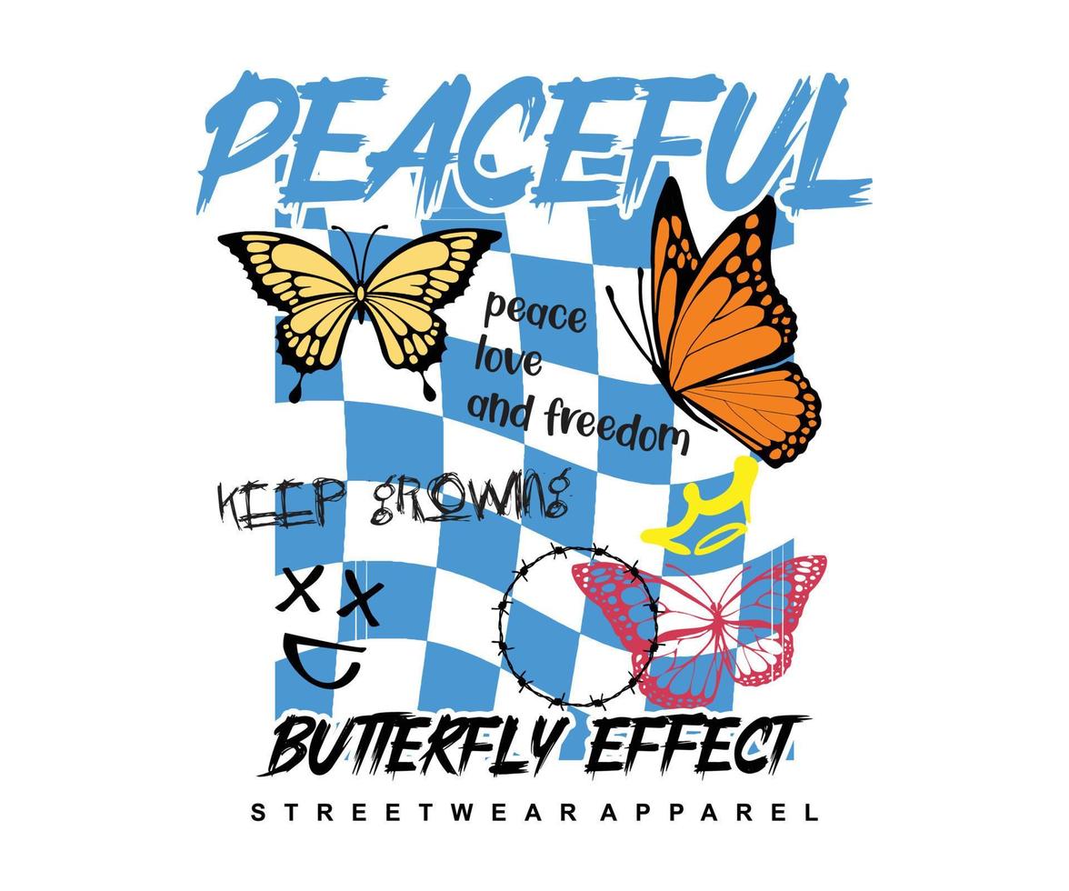 Retro Twisted Checks Background with Butterfly Graphics, for creative wear, streetwear and urban style t-shirt design, hoodies, etc. vector