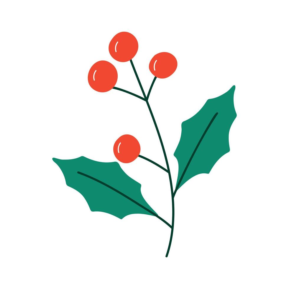 Single hand drawn Holly branch with berries for New Year and Christmas greeting cards, posters, stickers and seasonal design. vector