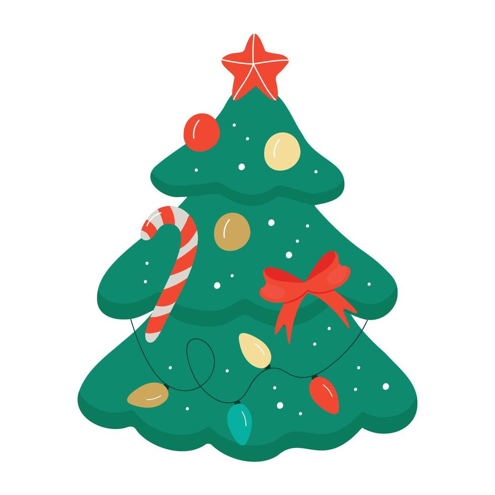 árbol de navidad con estrella, globos y luces. un abeto verde o un pino decorado con guirnaldas brillantes y una cinta roja. vector