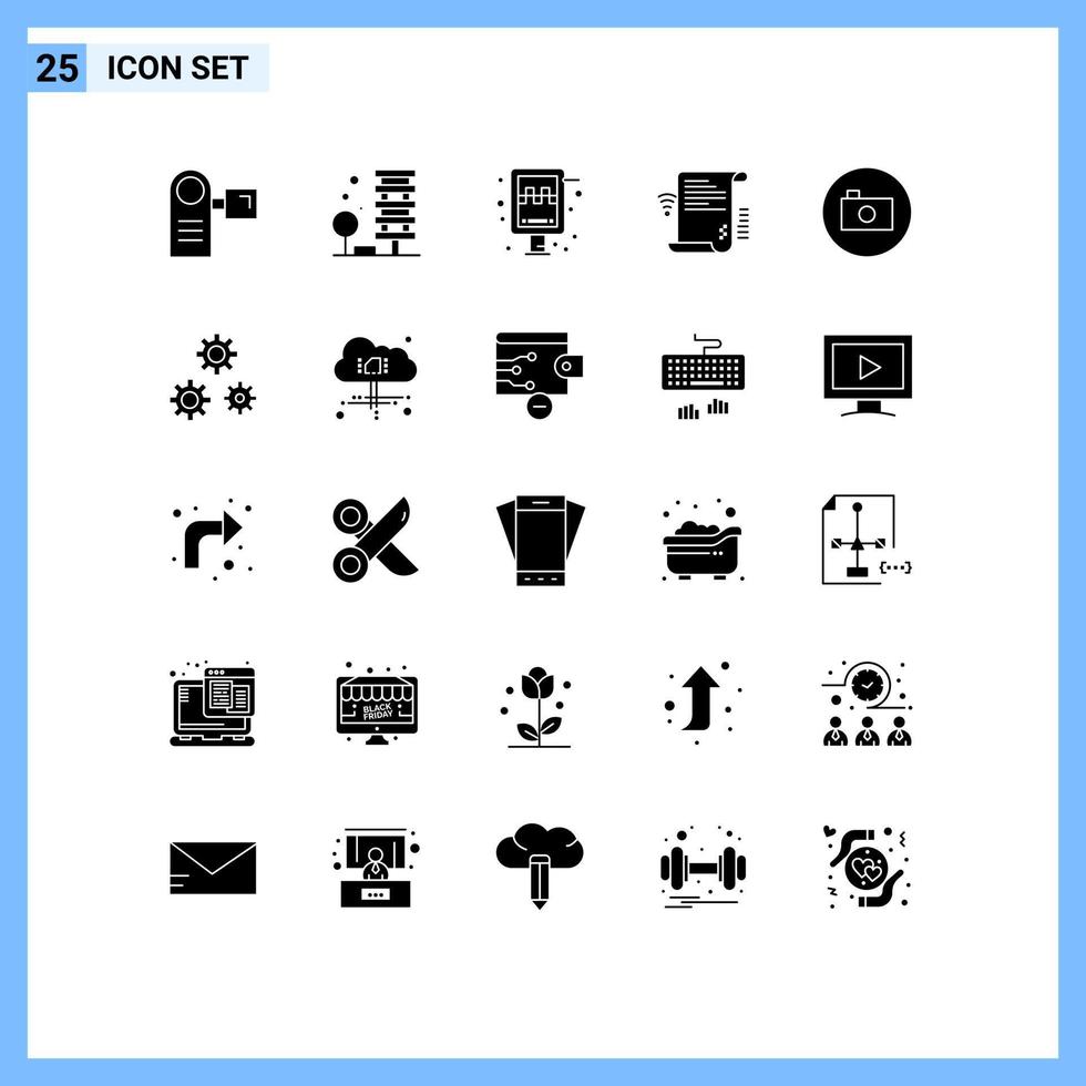 Group of 25 Solid Glyphs Signs and Symbols for wifi document city data station Editable Vector Design Elements