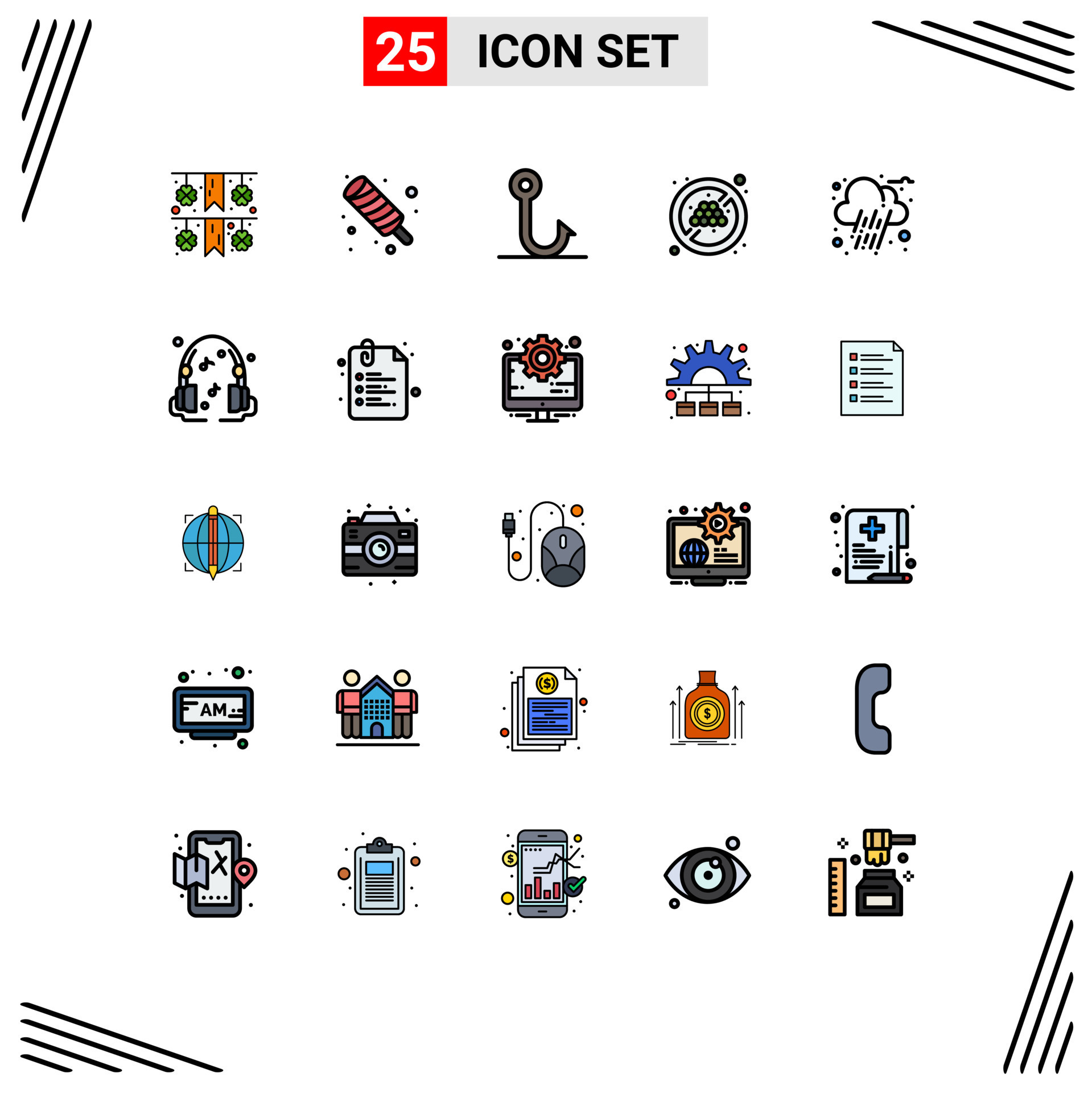 Group Of 25 Modern Filled Line Flat Colors Set For Music Rain Fishing group-of-25-modern-filled-line-flat-colors-set-for-music-rain-fishing