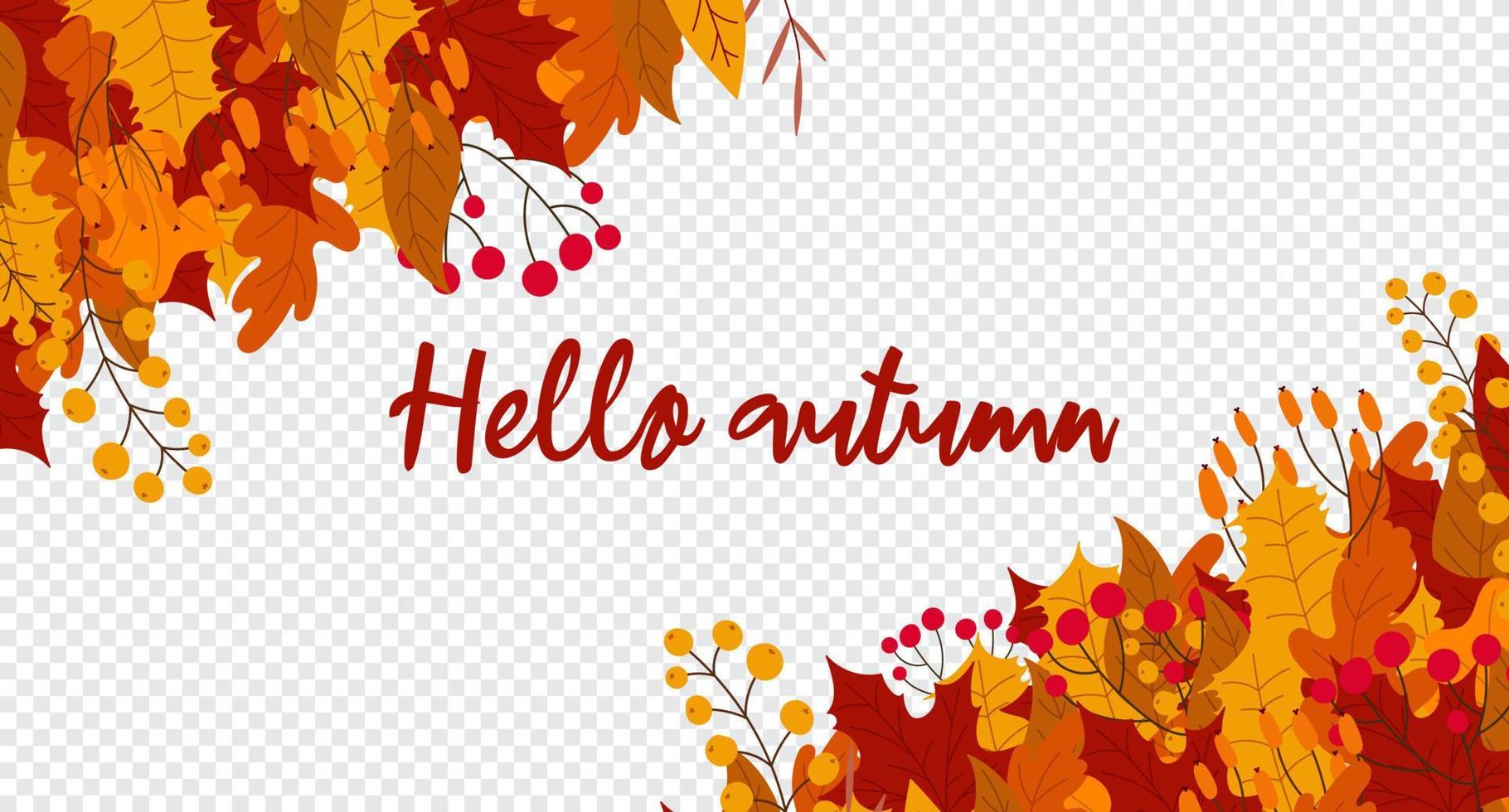 Hello autumn falling leaves. Autumnal foliage fall and popular leaves. Autumn design. Charming autumn pattern. Hand drawn. Vector illustration