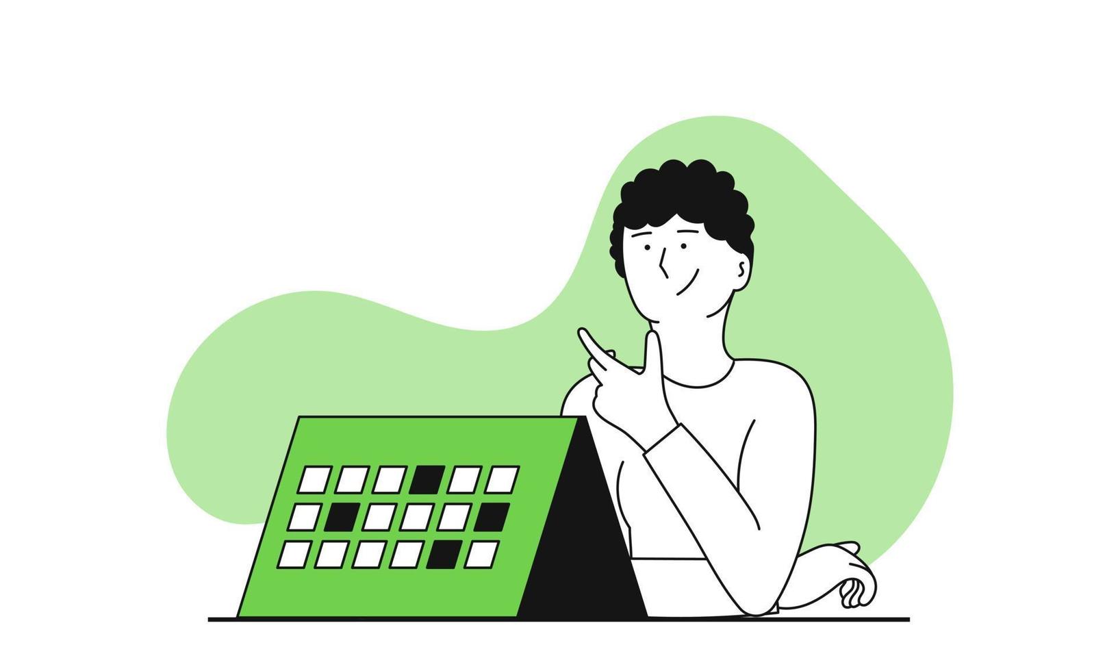 Man planning week with calendar vector illustration concept. Business planning and marketing strategy. Financial development and analysis growth. Process project management and workflow schedule
