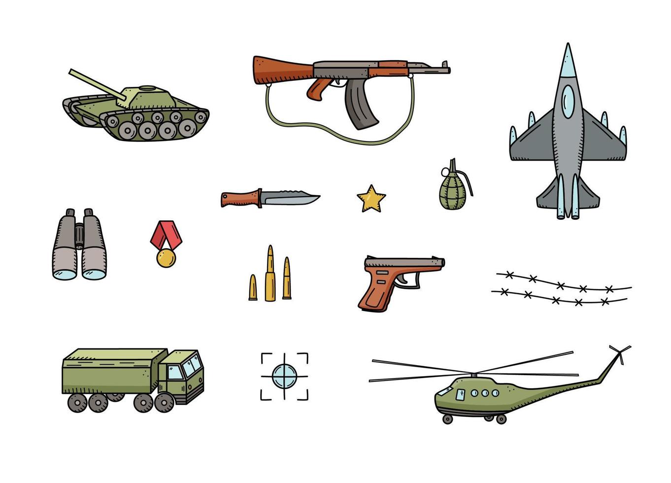 Military doodle color icons. Vector illustration of a set of military equipment, army items.