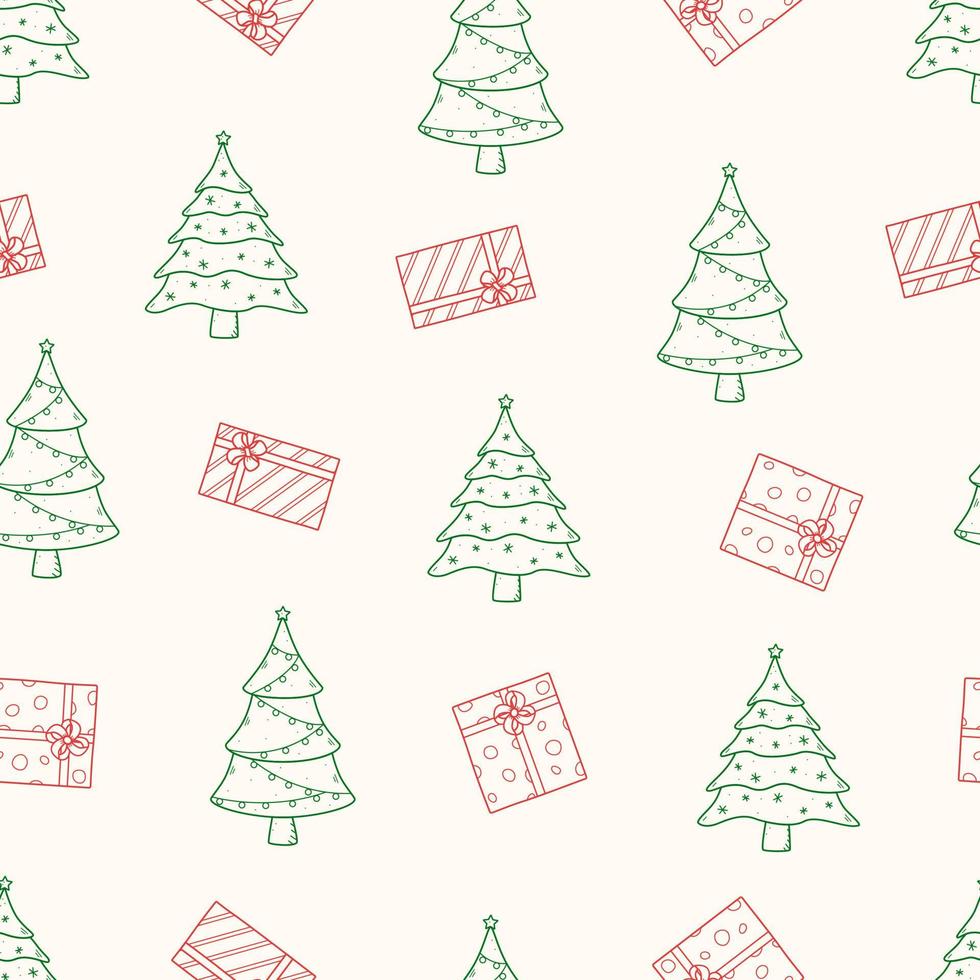 Seamless pattern Christmas tree and box gifts with a bow. Background vector concept of winter and new year.