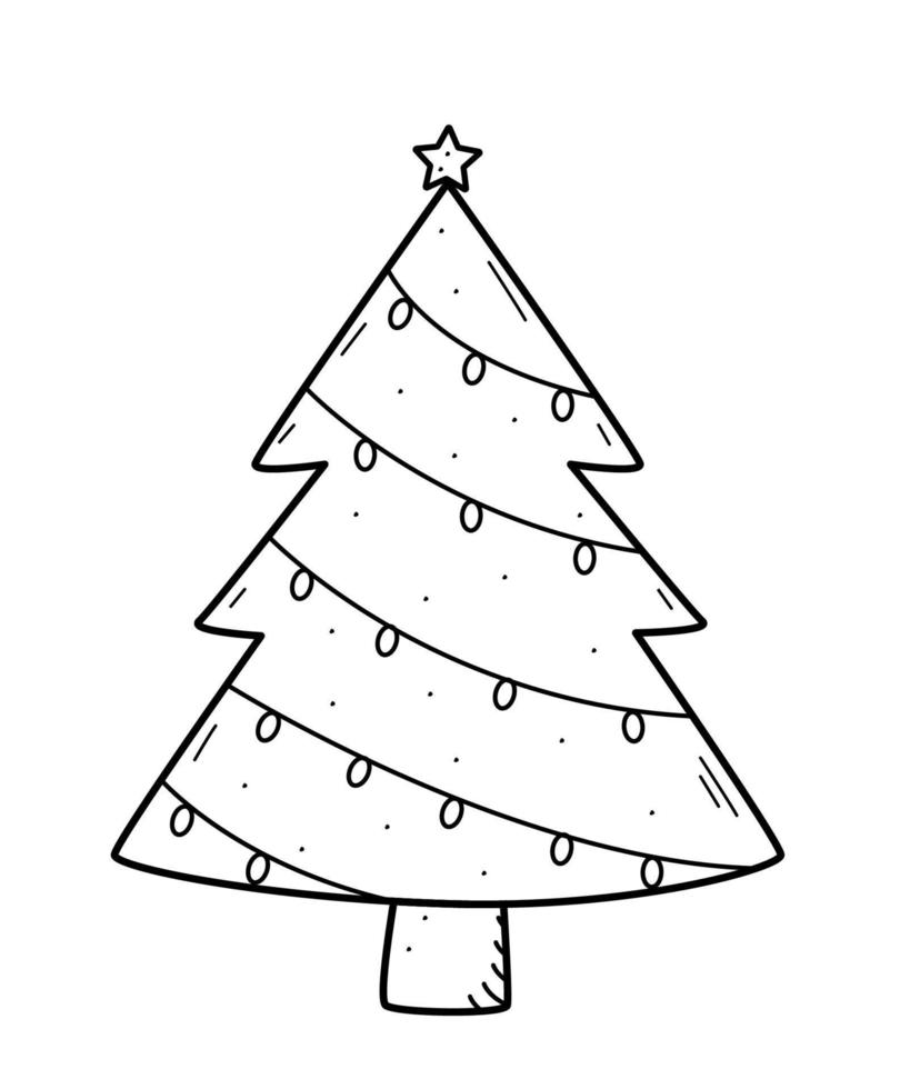Christmas tree is traditionally decorated with toys and garlands. Vector illustration symbol of Christmas and New year.