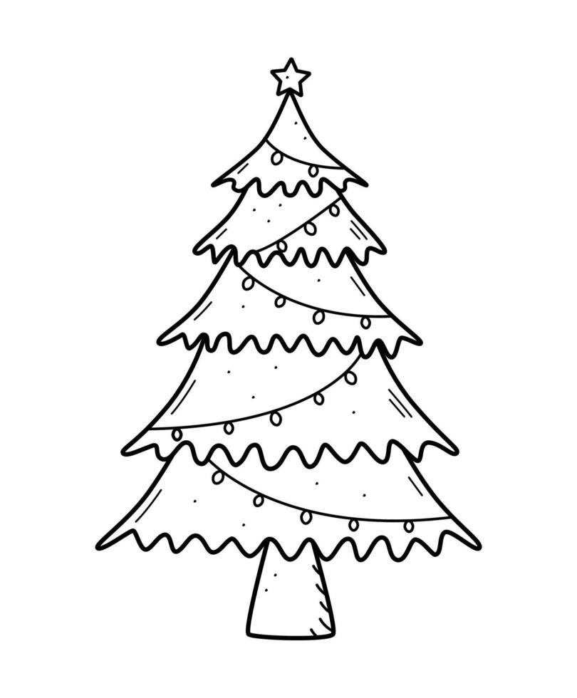 Christmas tree is traditionally decorated with toys and garlands. Vector illustration symbol of Christmas and New year.