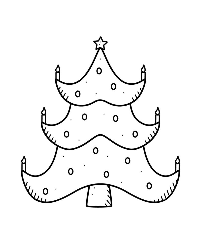 Christmas tree is traditionally decorated with toys and garlands. Vector illustration symbol of Christmas and New year.