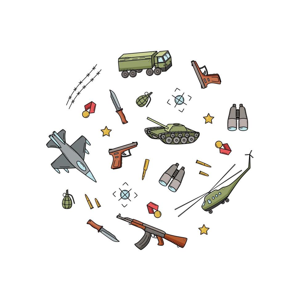 Military doodle color icons. Vector illustration of a set of military equipment, army items.