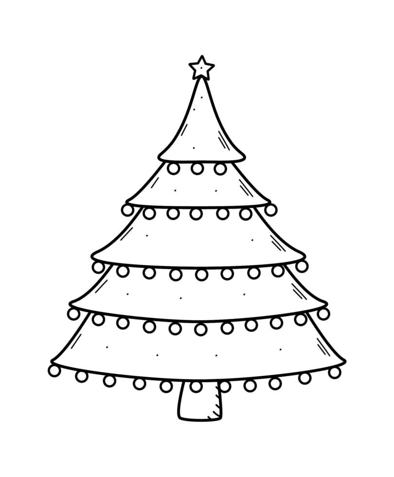 Christmas tree is traditionally decorated with toys and garlands. Vector illustration symbol of Christmas and New year.