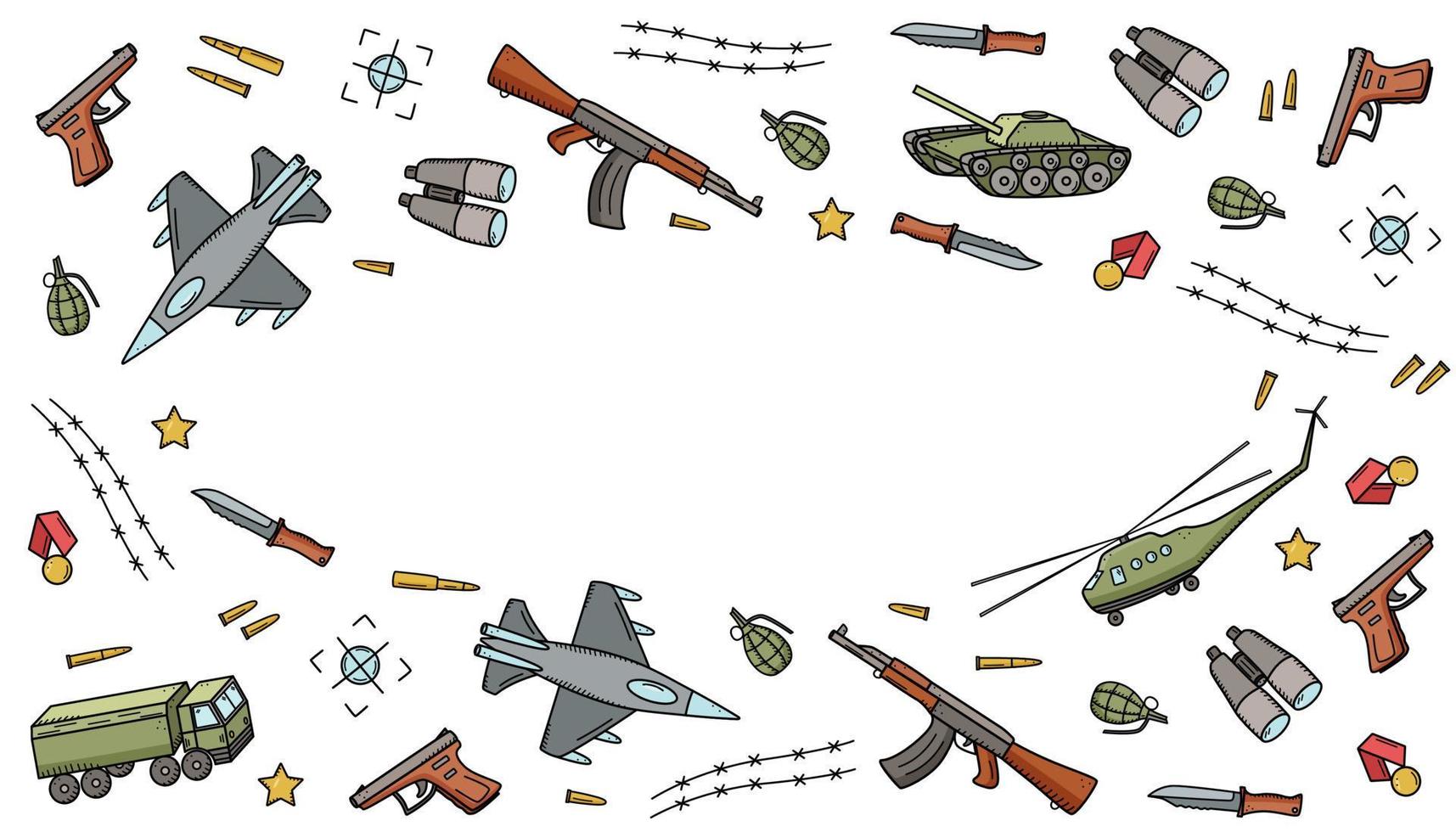 Military doodle color icons. Vector illustration of a set of military equipment, army items.