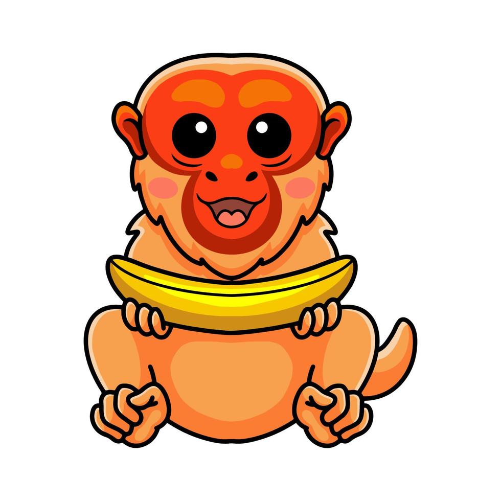 Cute bald uakari monkey cartoon holding a banana vector