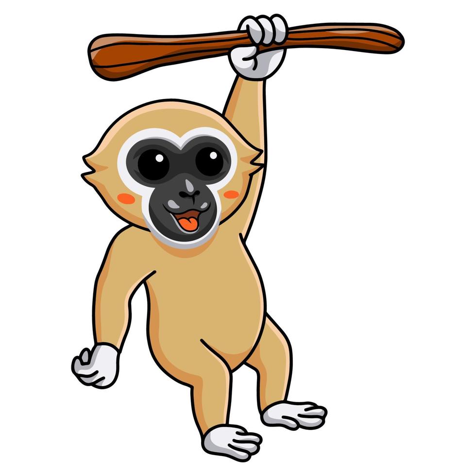 Cute white handed gibbon monkey cartoon hanging on tree vector