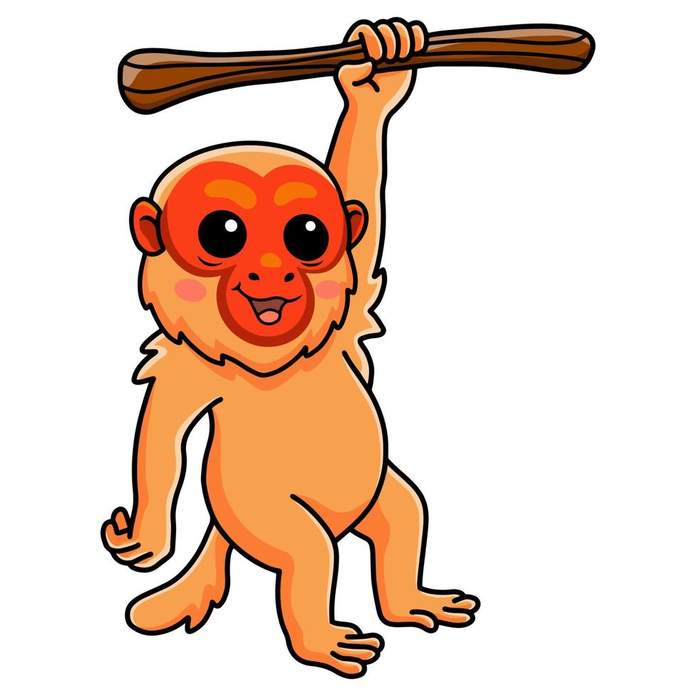 Cute bald uakari monkey cartoon hanging on tree vector