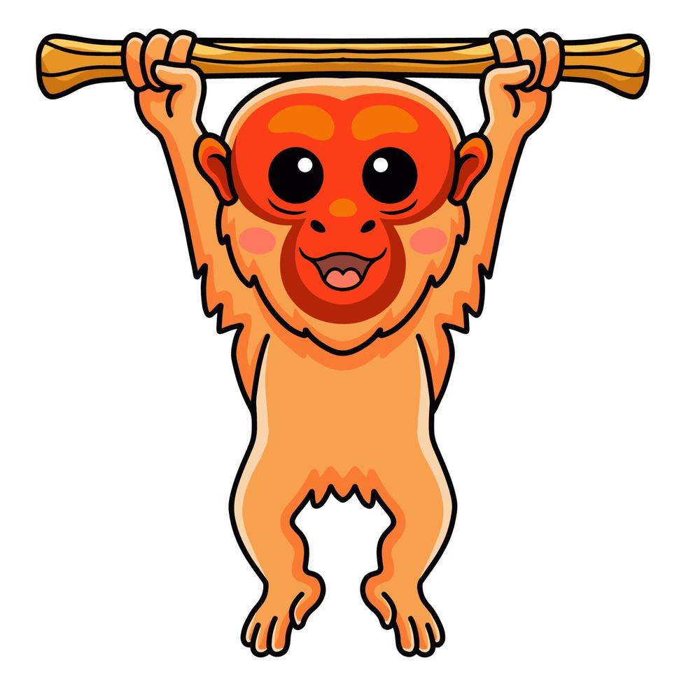 Cute bald uakari monkey cartoon hanging on tree vector