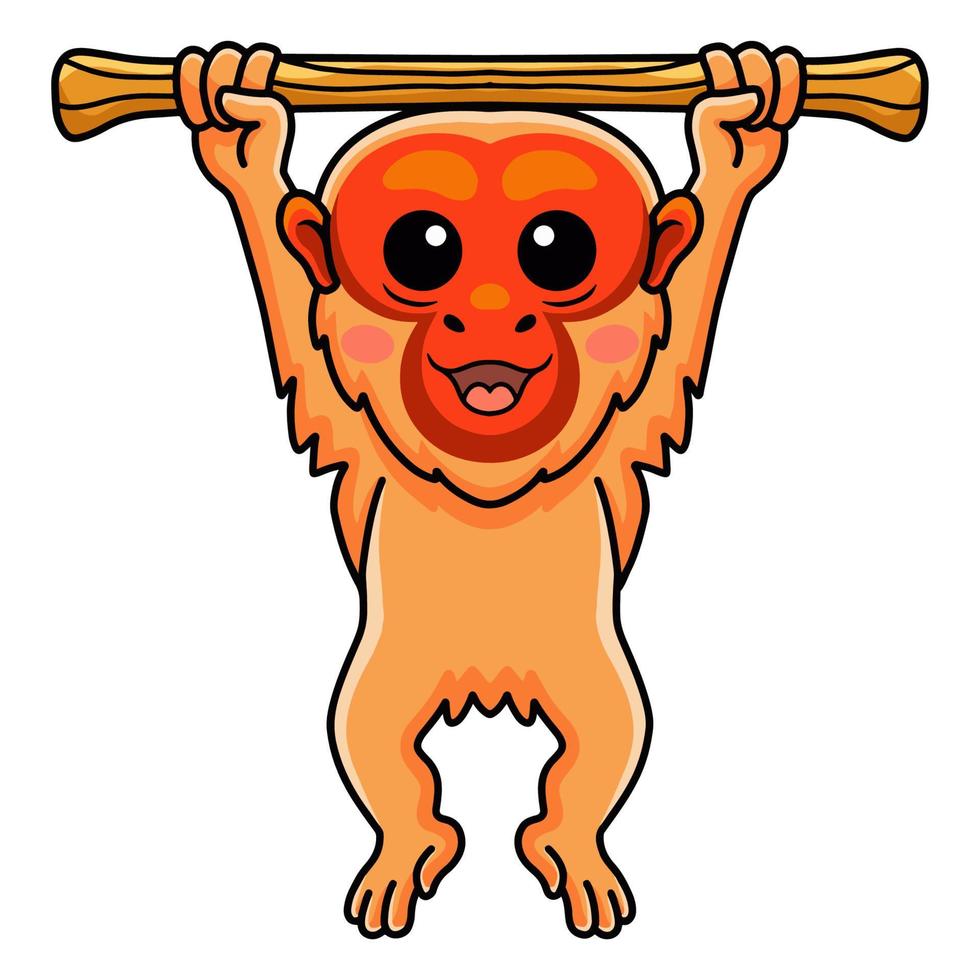 Cute bald uakari monkey cartoon hanging on tree vector