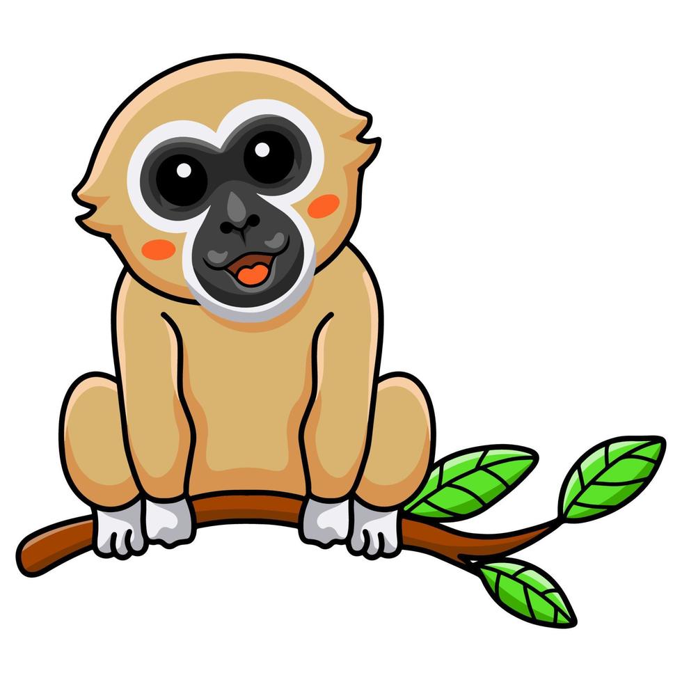 Cute white handed gibbon monkey cartoon on tree vector