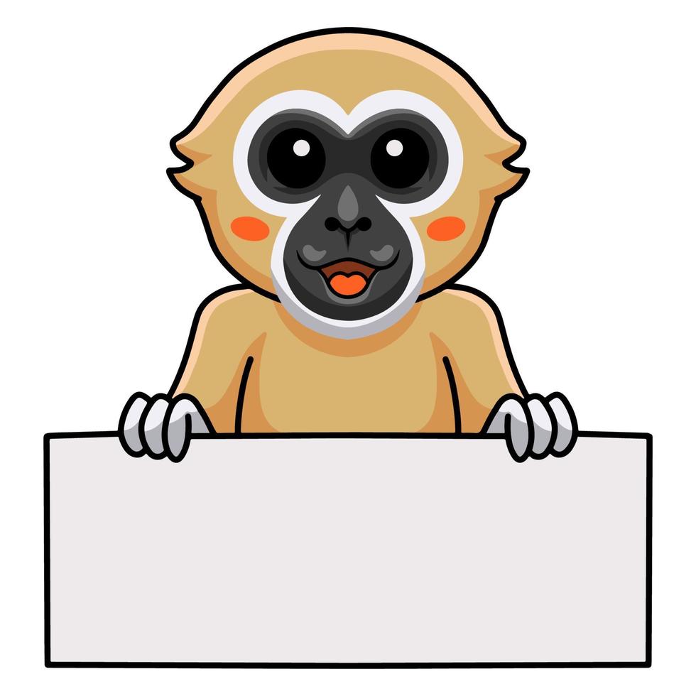 Cute white handed gibbon monkey cartoon holding blank sign vector