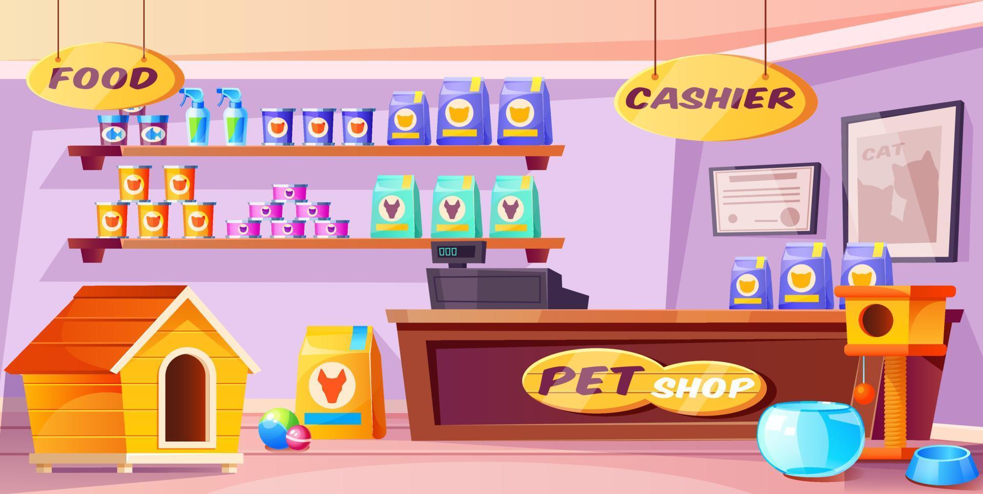 Pet shop interior, domestic animal store with desk vector