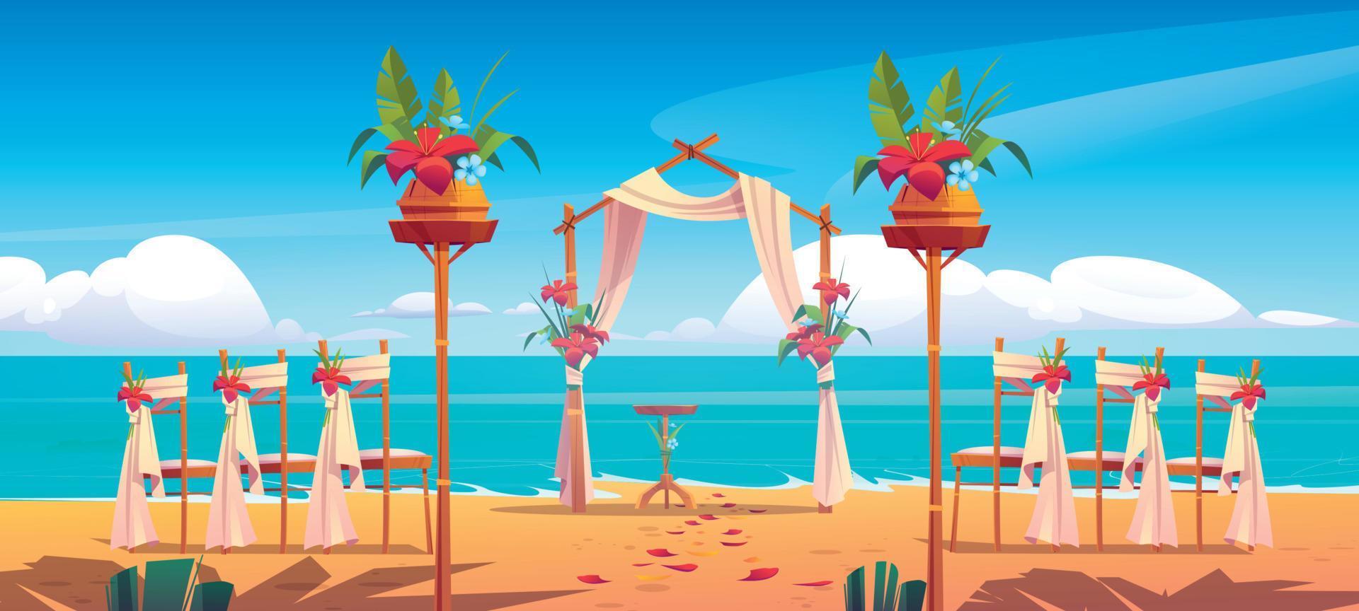 Beach wedding arch and decoration on seaside. vector