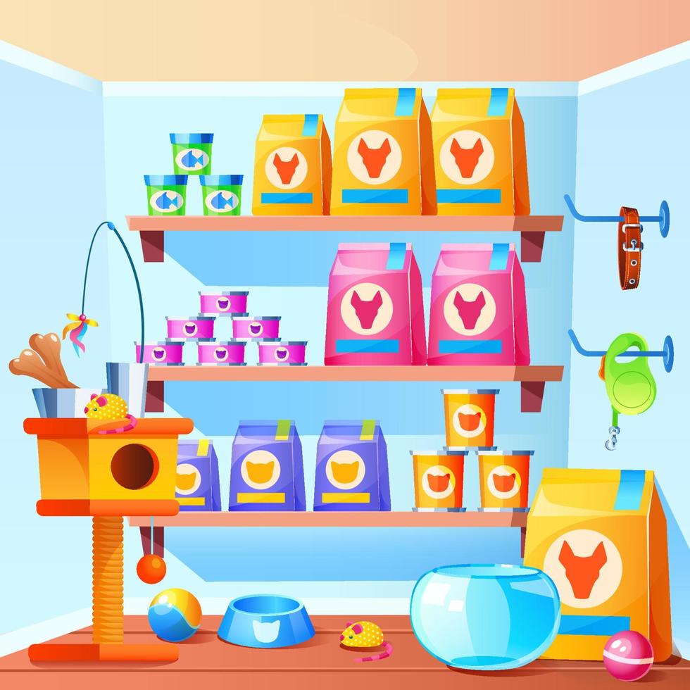 Pet shop with scratching post, toys, bowl, feed vector