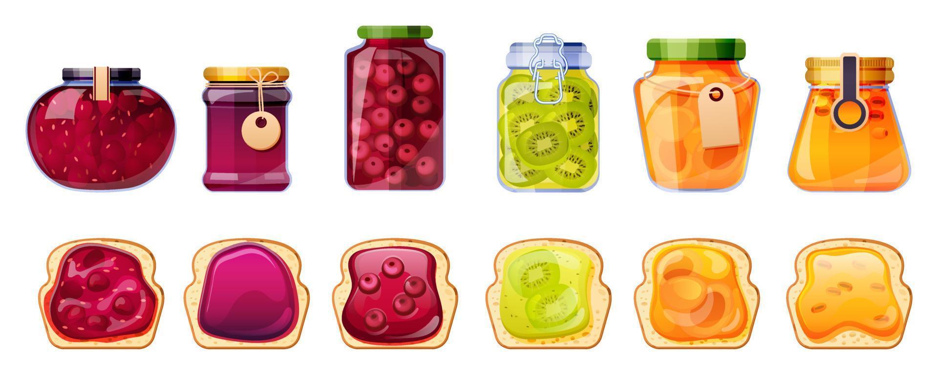 Jam jars and bread toasts, glass containers set vector
