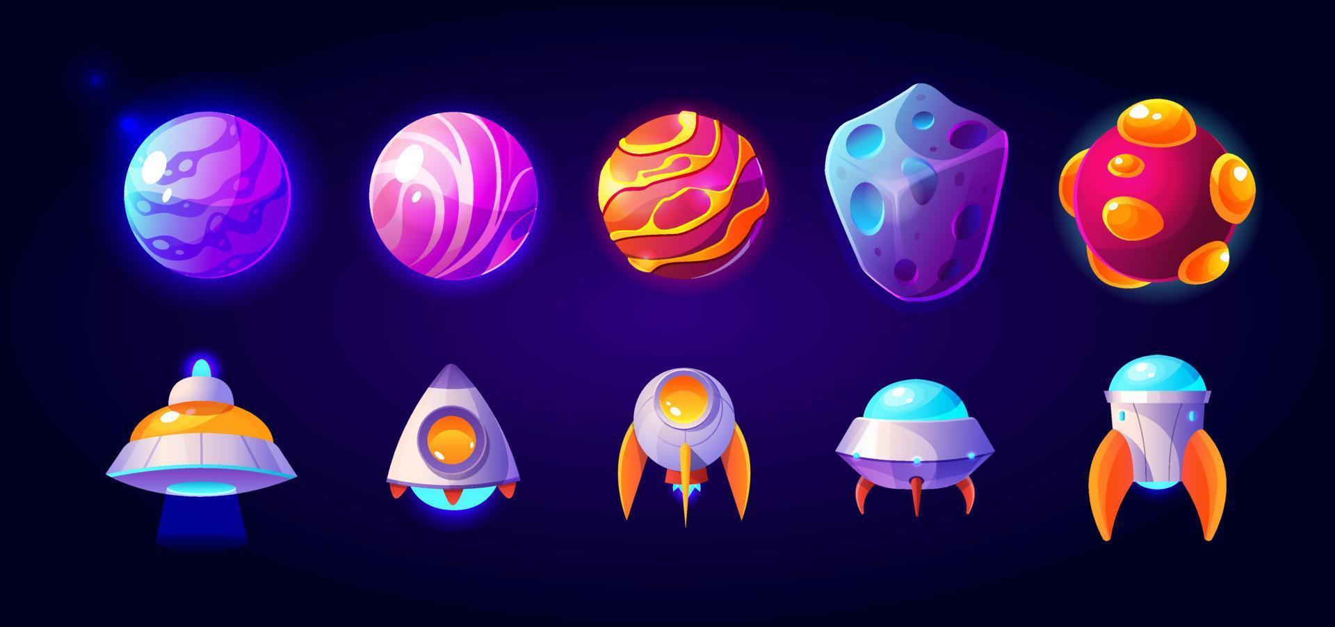 Ufo, spaceships and rockets with planets set. vector