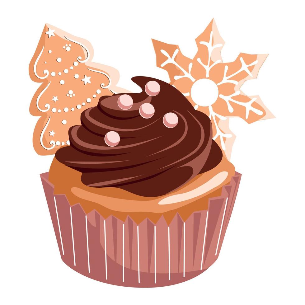 Festive cupcake with chocolate and ginger cookies vector