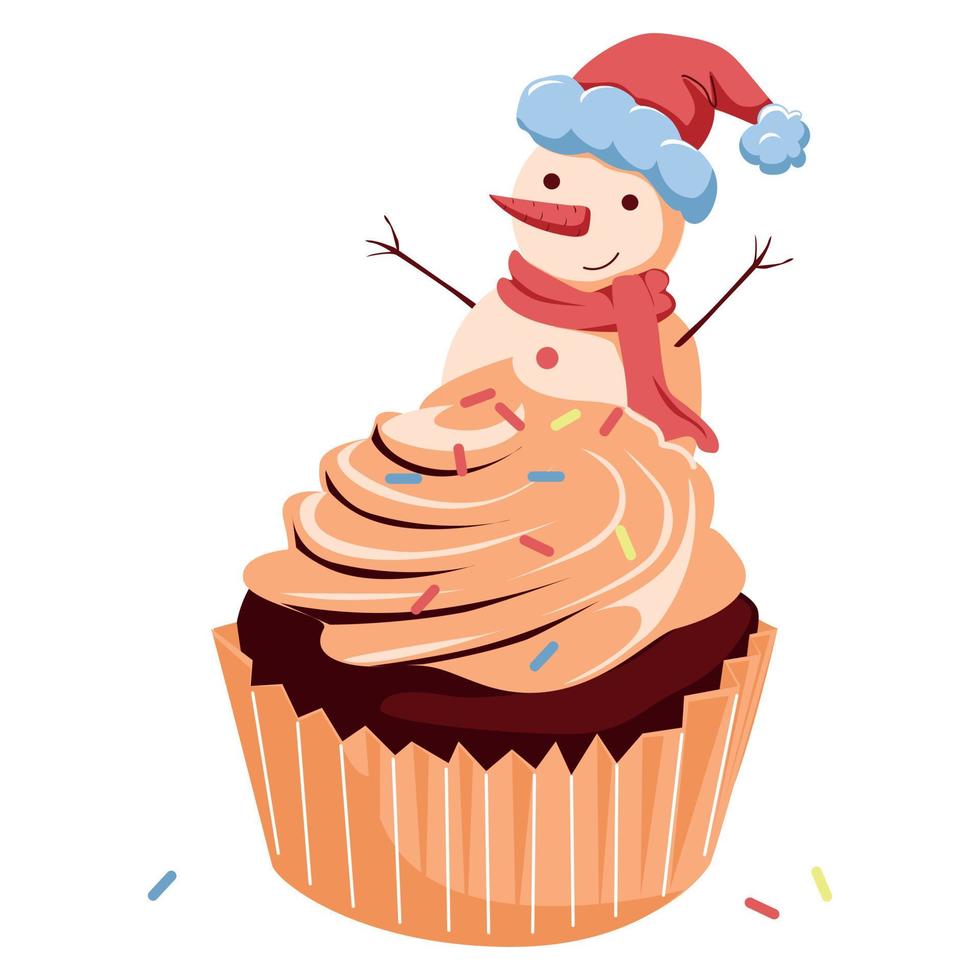 cupcake festivo con crema de naranja y un muñeco de nieve vector