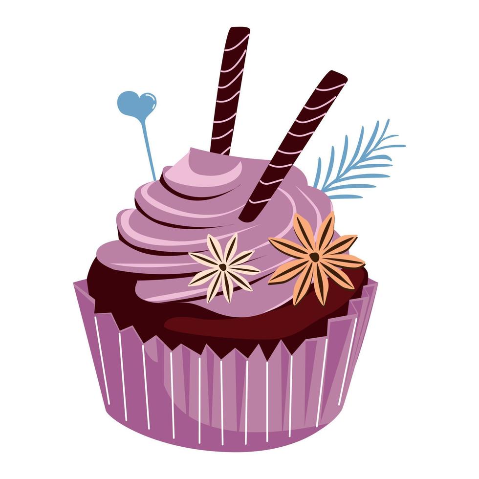 Festive cupcake with chocolate sticks and spices vector