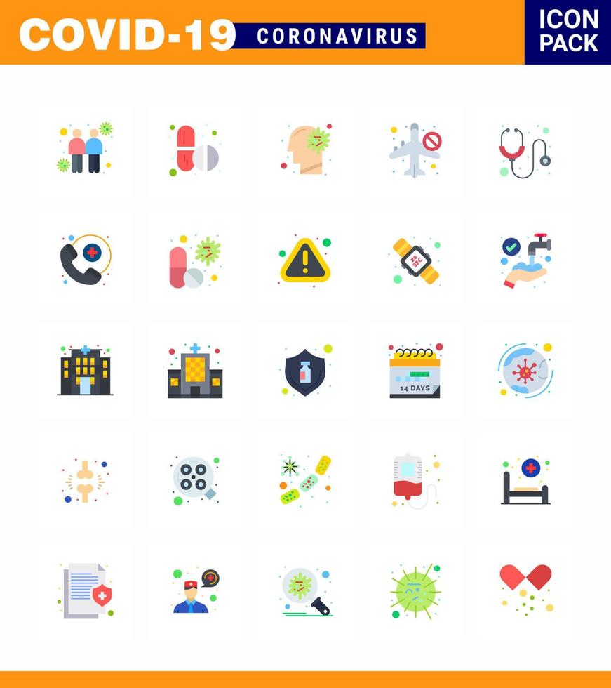 covid19 protección coronavirus pendamic 25 conjunto de iconos de color plano como airoplan prohibido viaje en frío cerebro viral coronavirus 2019nov enfermedad vector elementos de diseño