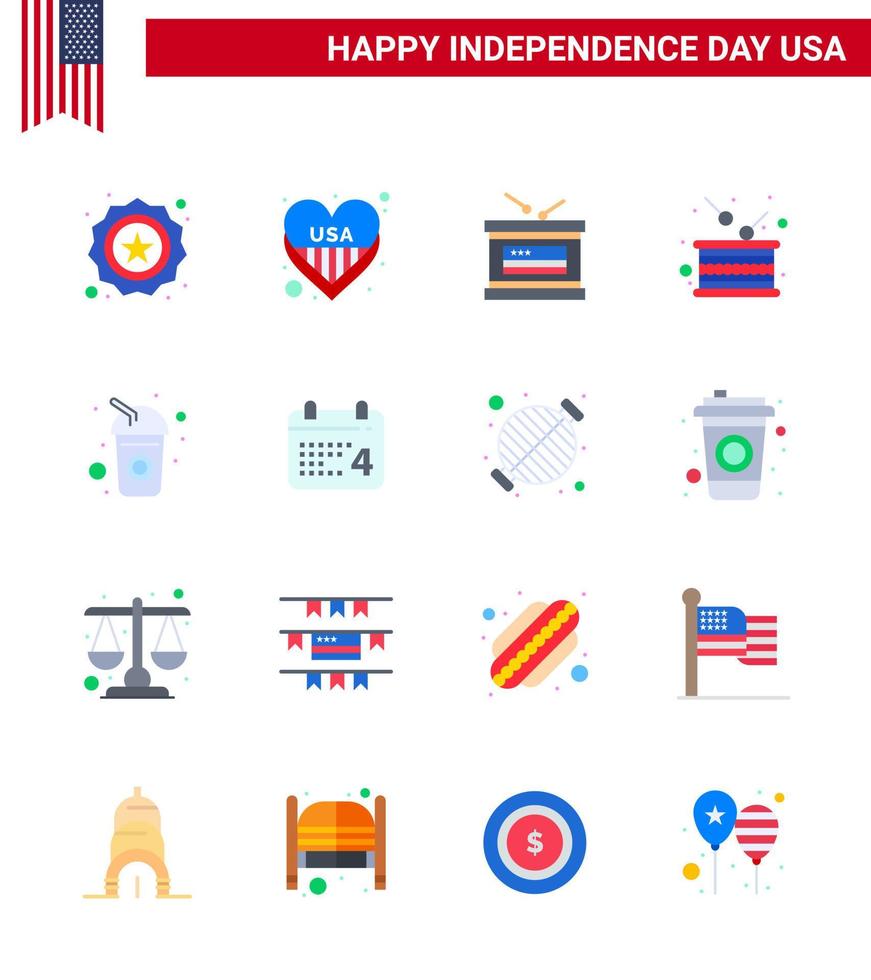 Paquete plano de 16 estados unidos de signos y símbolos del día de la independencia de la botella día festivo del tambor de la independencia elementos de diseño vectorial editables del día de estados unidos vector