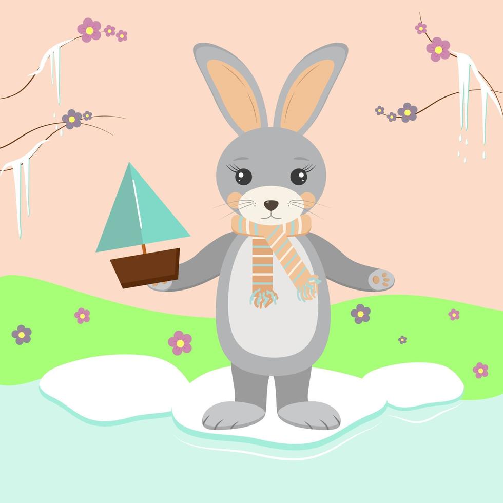 rabbit launches boats on the stream spring melts snow blooming vector