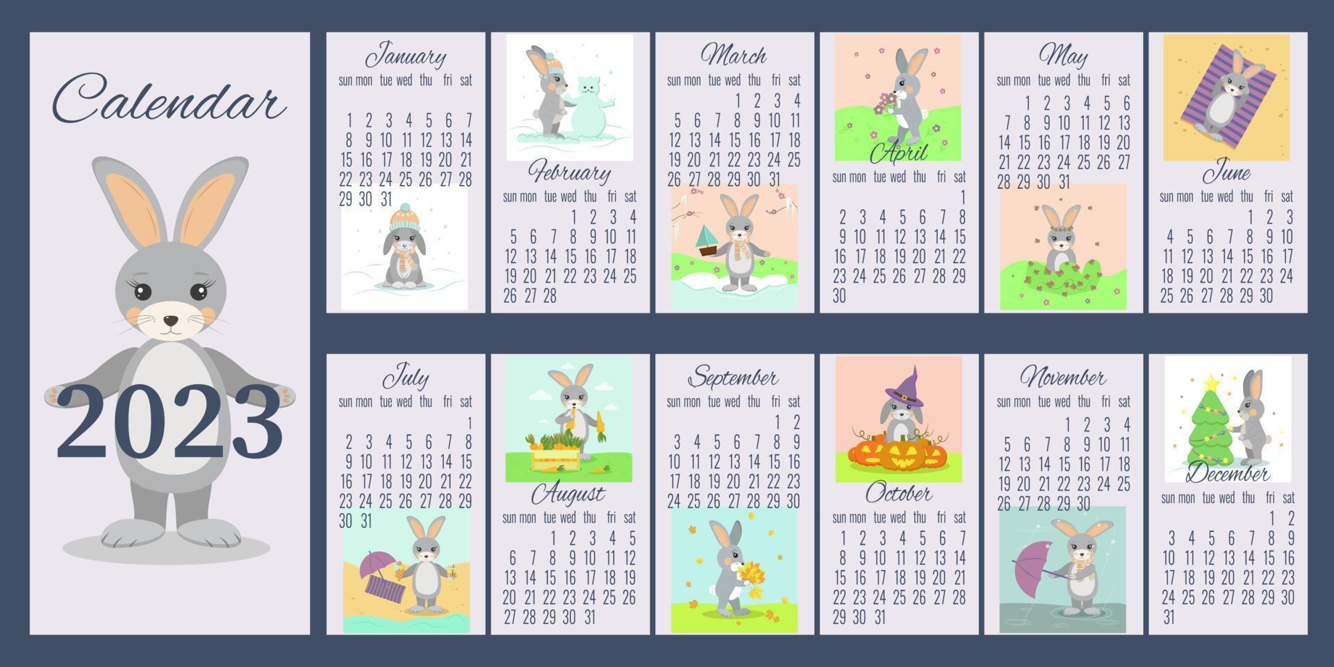 funny calendar layout for 2023 with a rabbit color picture by month with a character blue color vector