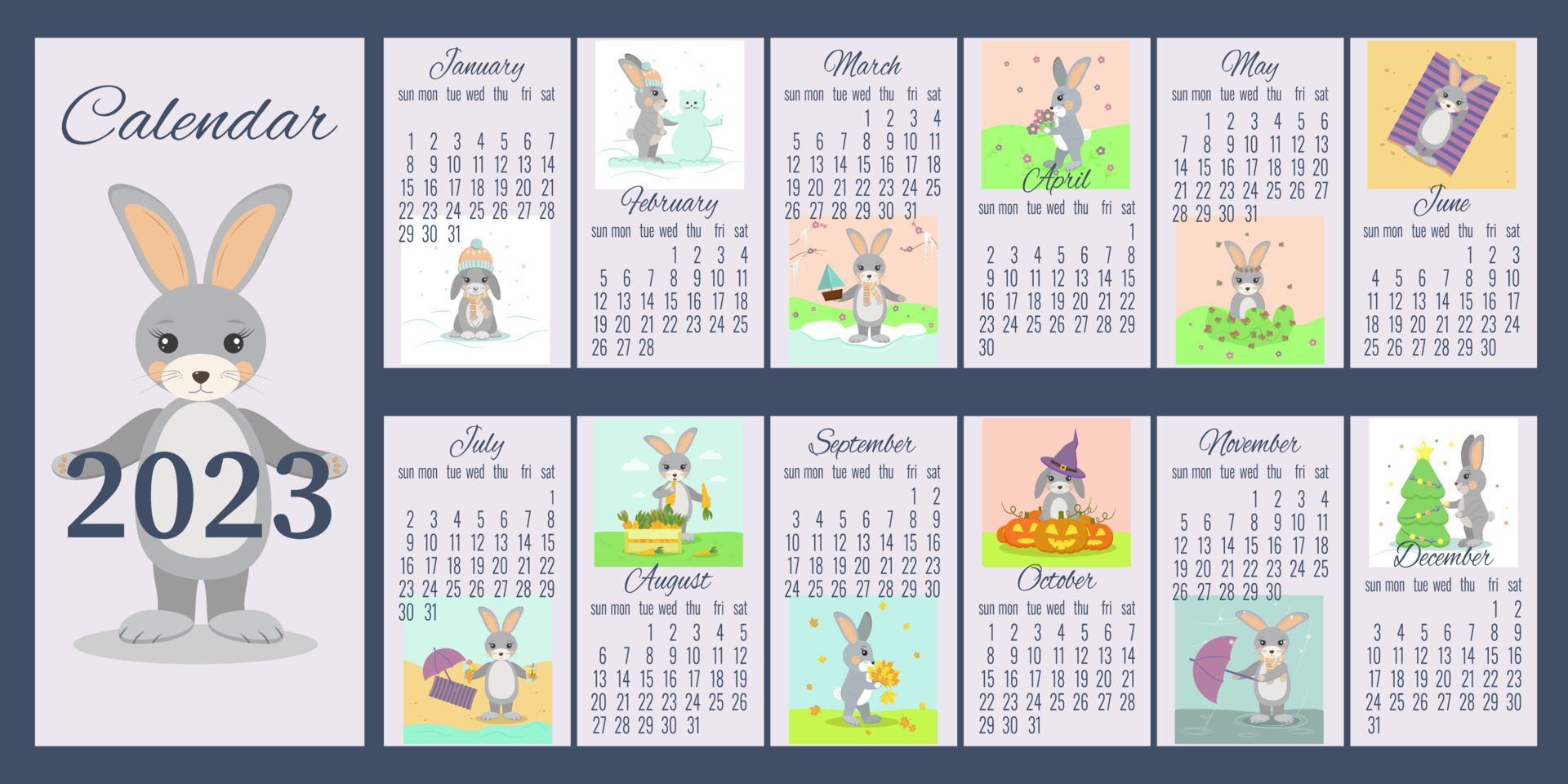 funny calendar layout for 2023 with a rabbit color picture by month
