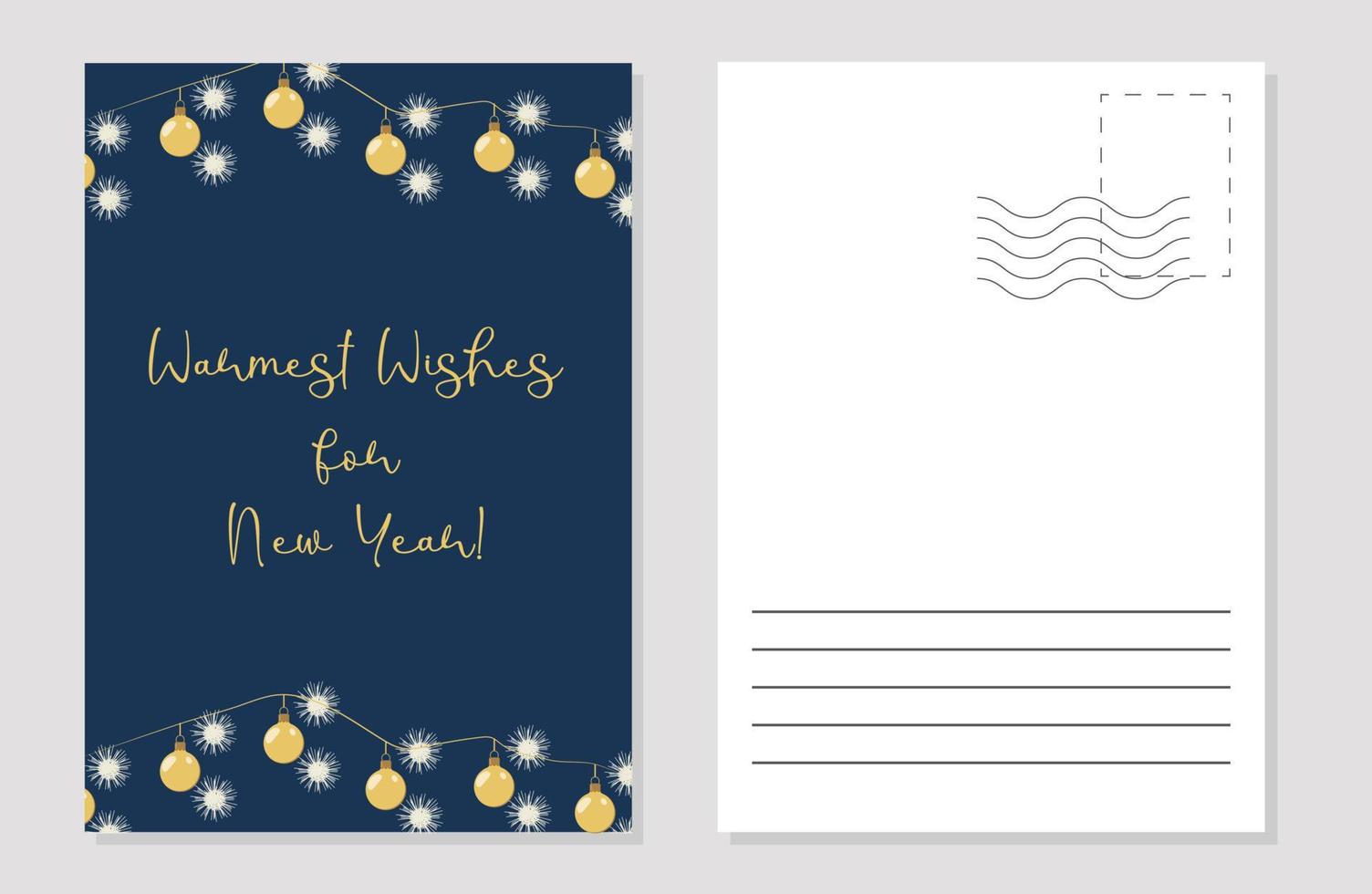 el diseño de la tarjeta de felicitación está decorado con copos de nieve y bolas de navidad doradas vector