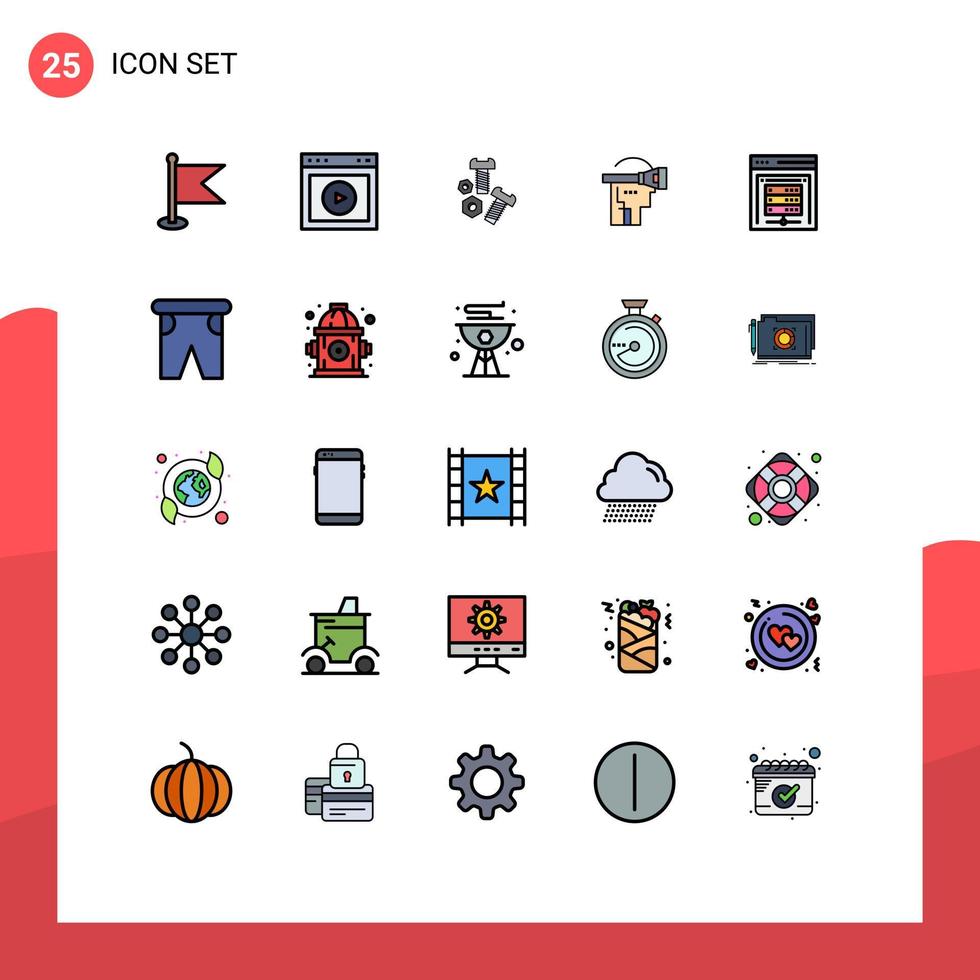 grupo de símbolos de icono universal de 25 colores planos de línea rellena moderna de herramientas de realidad de sitio web de auriculares de servidor de computadora elementos de diseño de vector editables