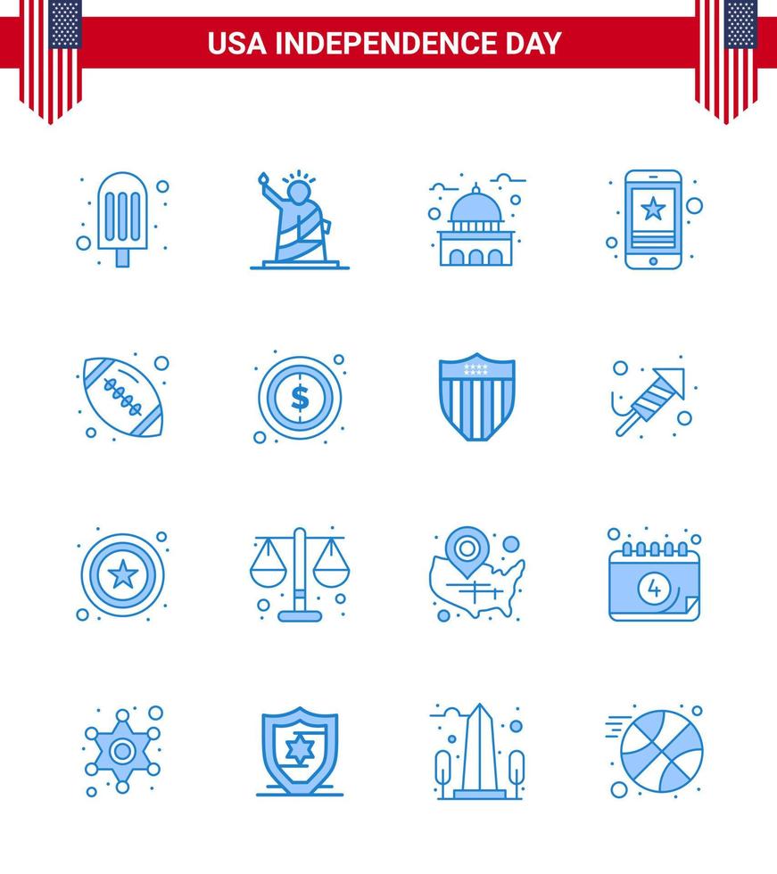 Group of 16 Blues Set for Independence day of United States of America such as phone smart phone building star white Editable USA Day Vector Design Elements