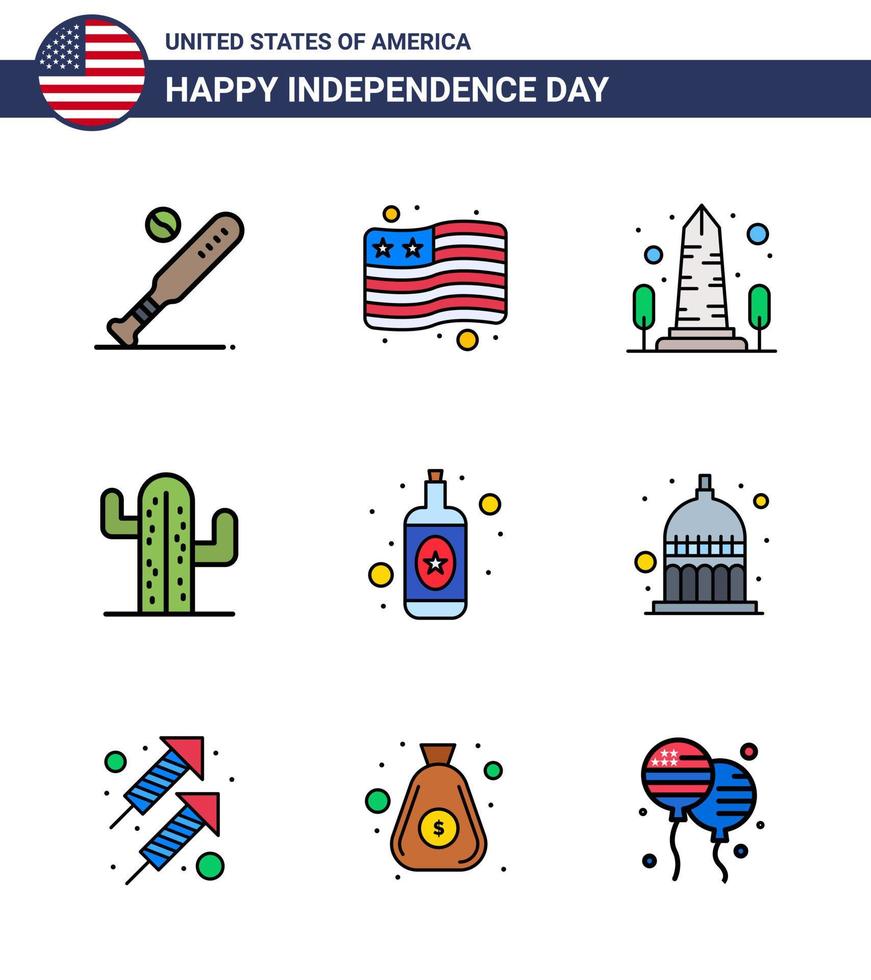 USA Independence Day Flat Filled Line Set of 9 USA Pictograms of alcohol plent landmark usa washington Editable USA Day Vector Design Elements