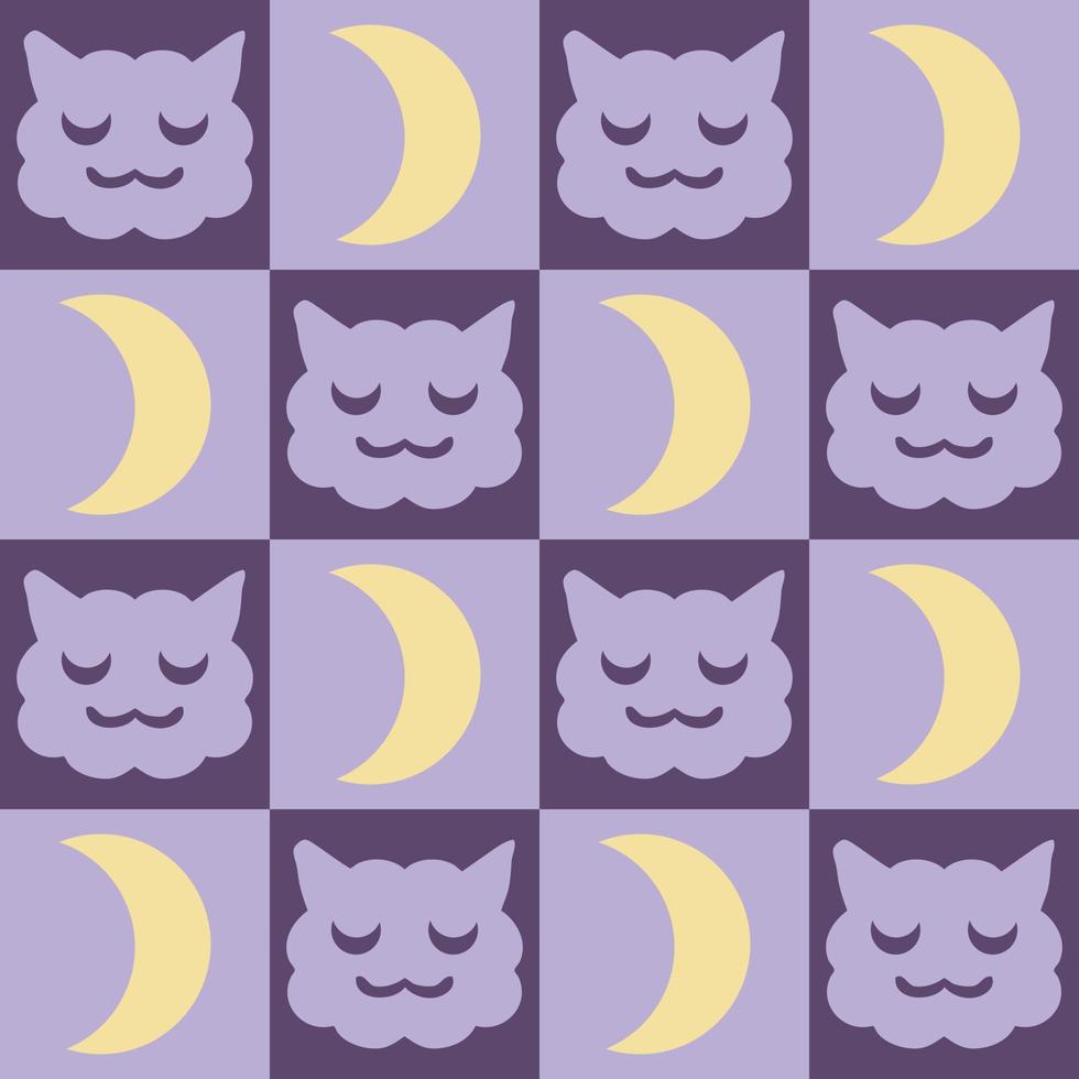 patrón nocturno sin costuras con caras de gatos soñolientos y luna en estilo retro suizo. vector