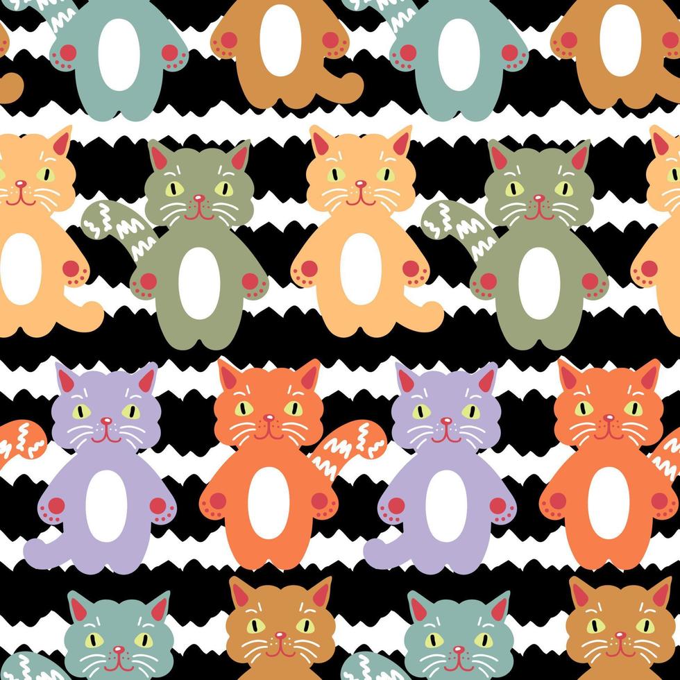 Childish seamless pattern with cat faces on striped background. Modern print for T-shirt, textile, fabric, paper. Hand drawn vector illustration for decor and design.