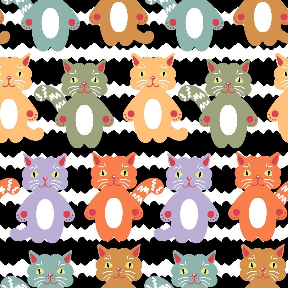 patrón infantil sin costuras con caras de gato sobre fondo rayado. impresión moderna para camiseta, textil, tela, papel. ilustración vectorial dibujada a mano para decoración y diseño. vector