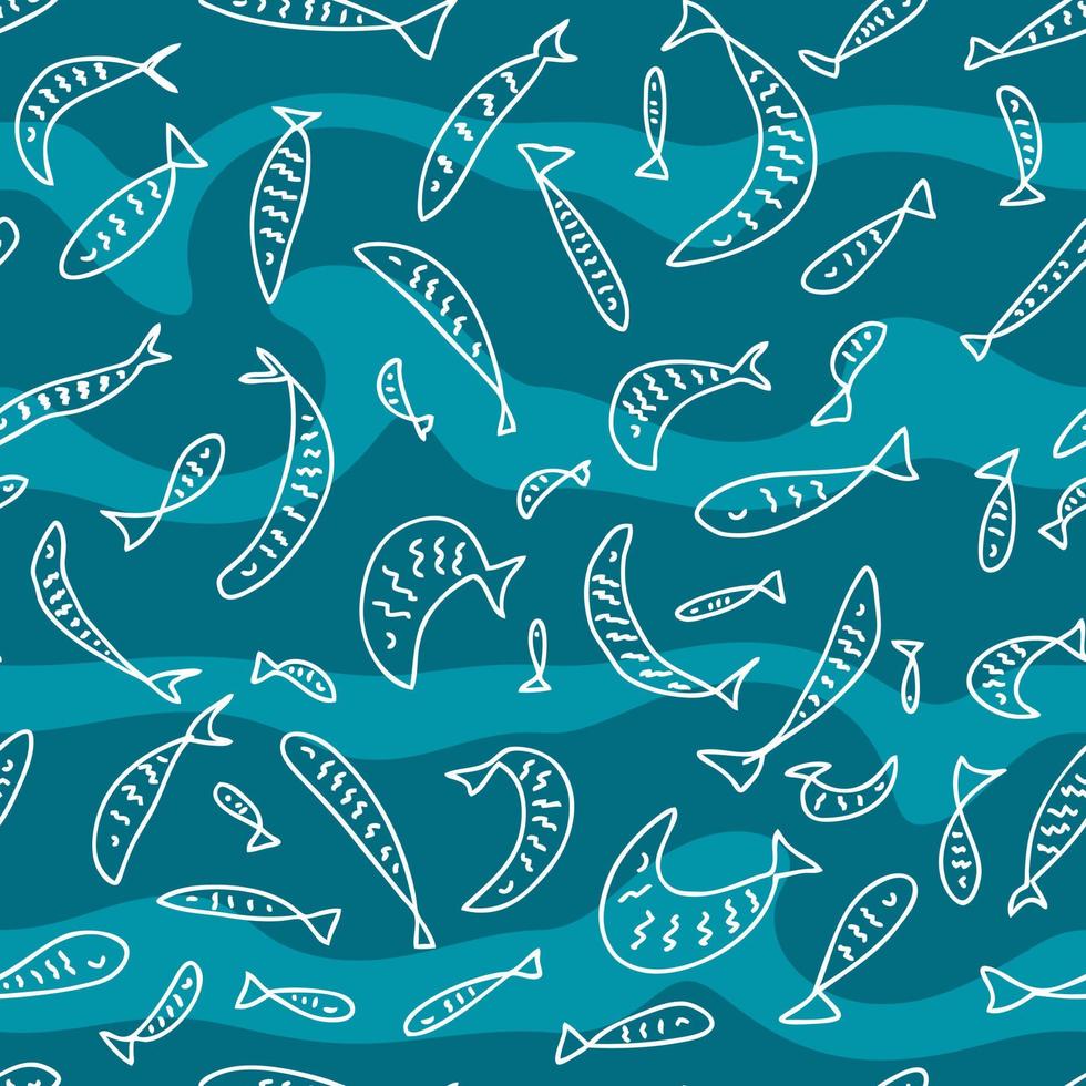 Retro style seamless pattern with doodle fishes on waved background. vector
