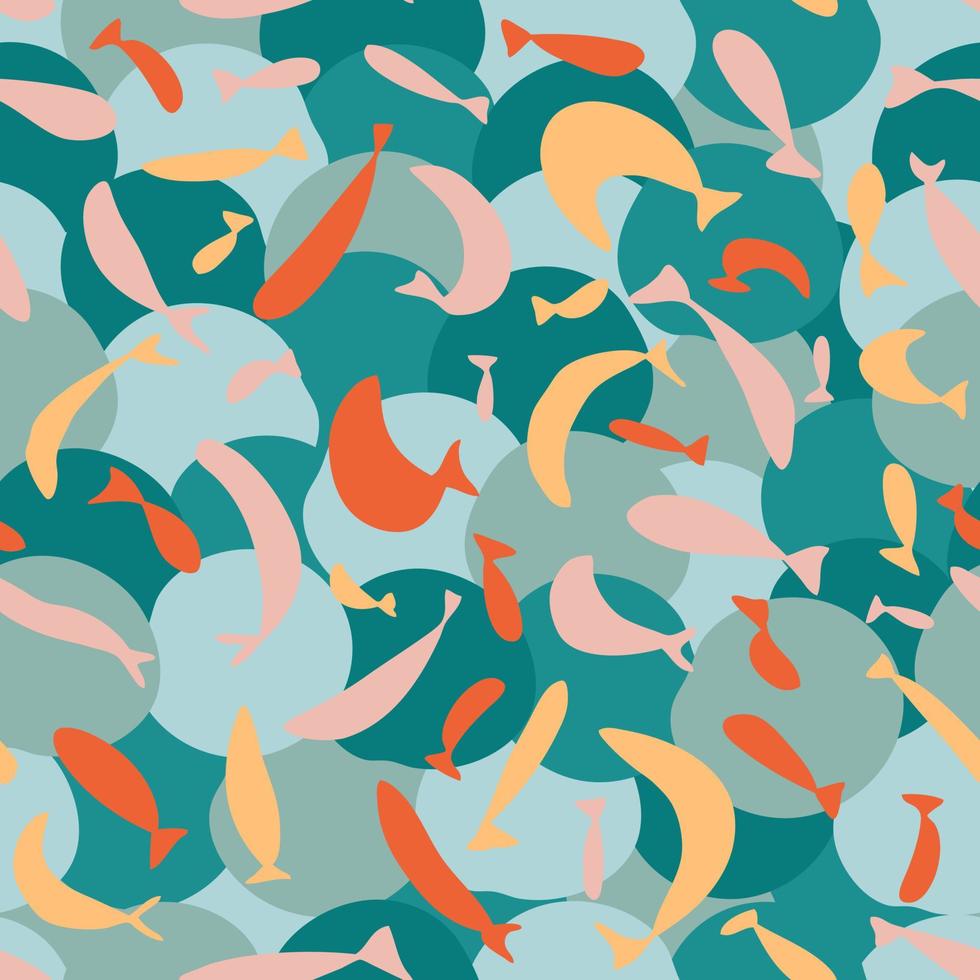 Retro style seamless pattern with fishes silhouettes and round spots. vector